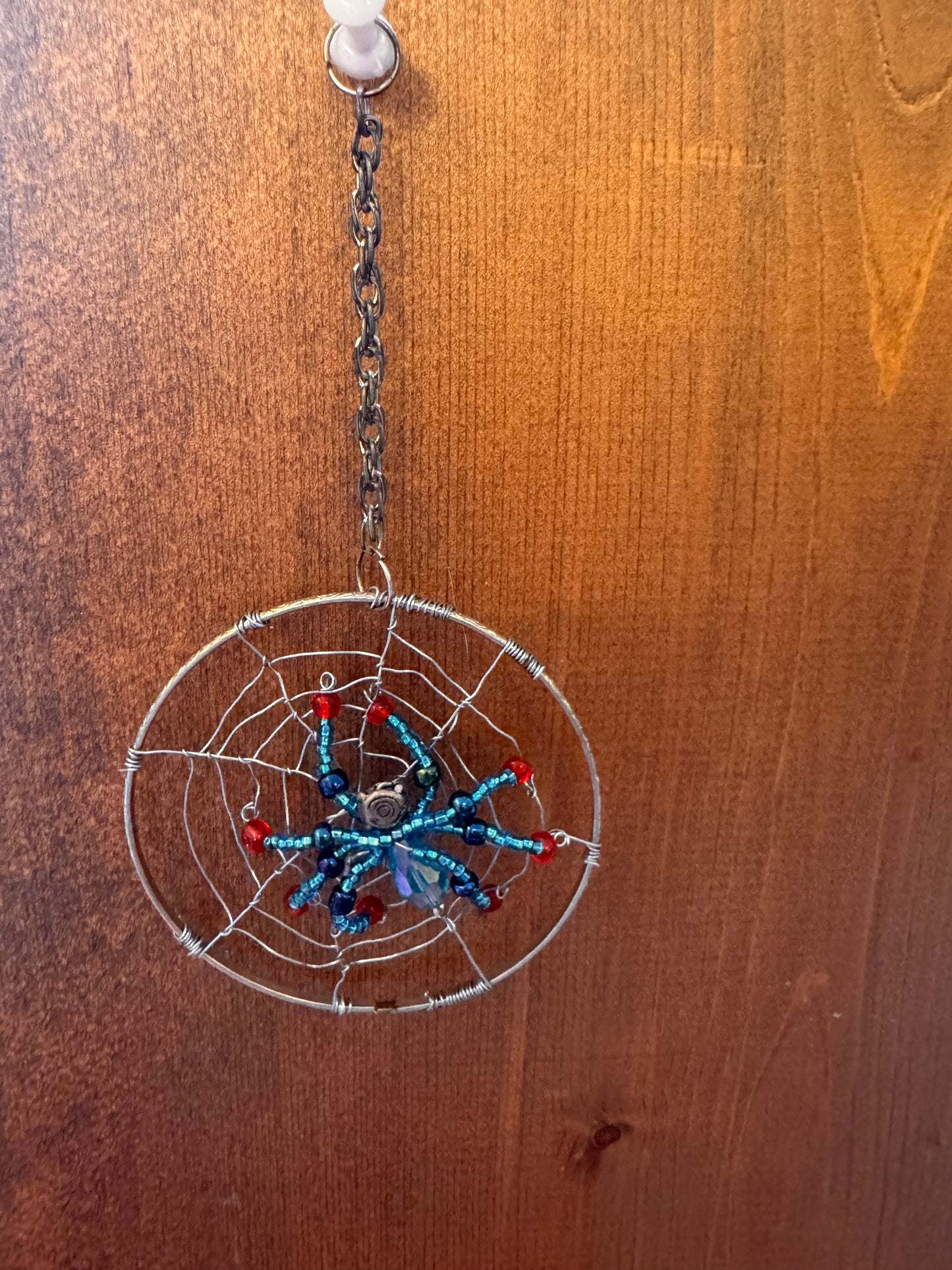 Handmade Christmas Spider Ornament Ice Blue with Black and Red Highlights