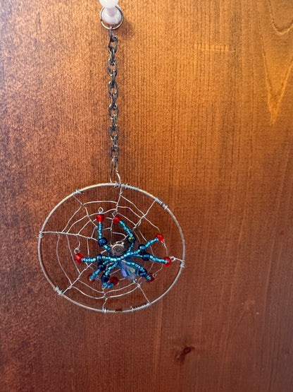 Handmade Christmas Spider Ornament Ice Blue with Black and Red Highlights