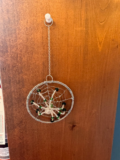 Handmade Christmas Spider Ornament Clear with Green and Black Accents