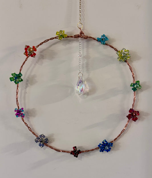 Crystal Suncatcher Wreath with Beaded Flowers and Hanging Crystal Teardrop