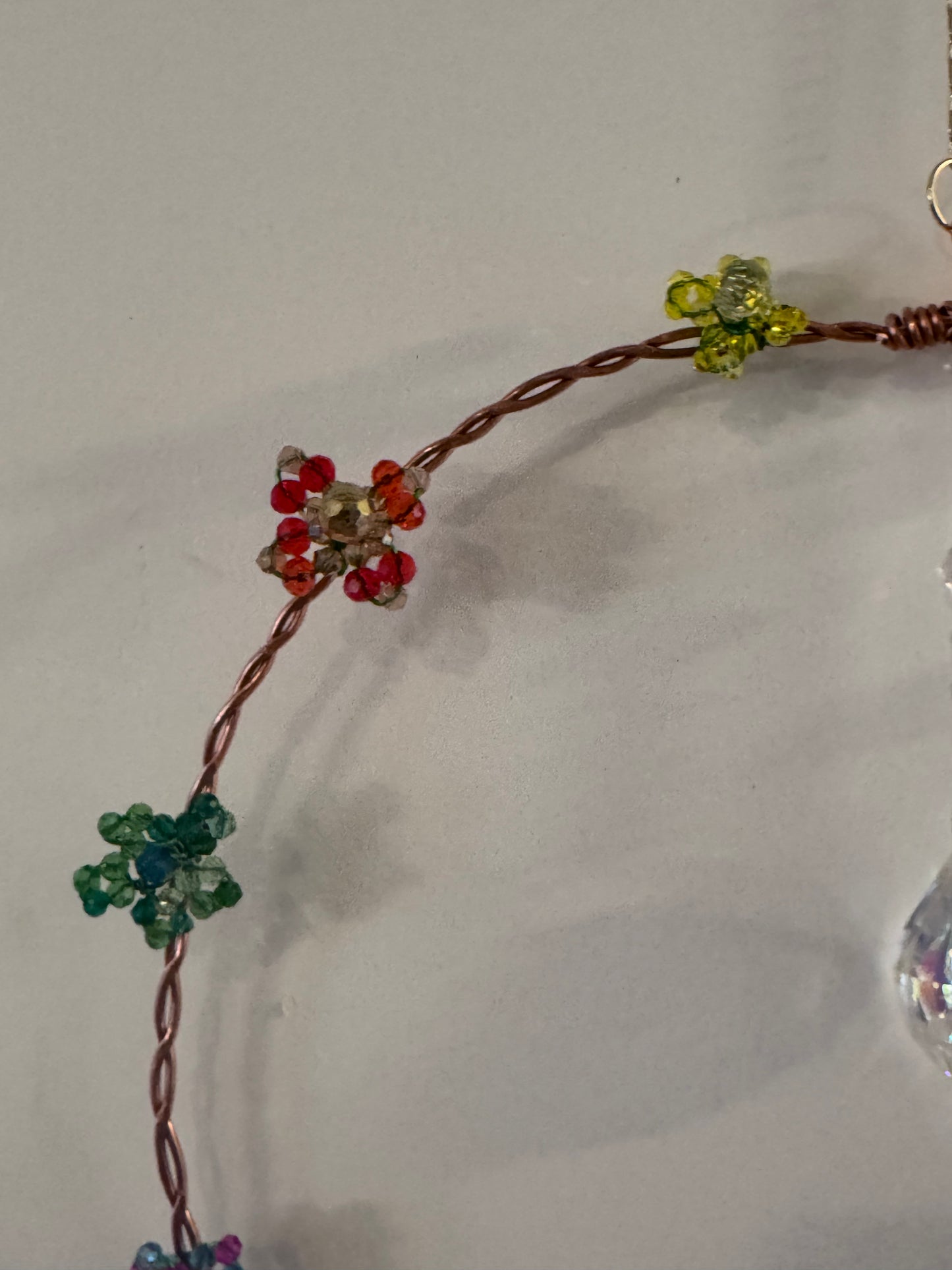 Crystal Suncatcher Wreath with Beaded Flowers and Hanging Crystal Teardrop