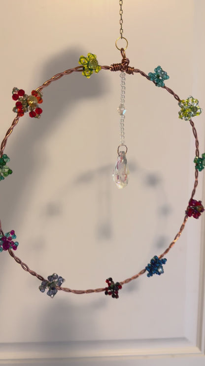 Crystal Suncatcher Wreath with Beaded Flowers and Hanging Crystal Teardrop