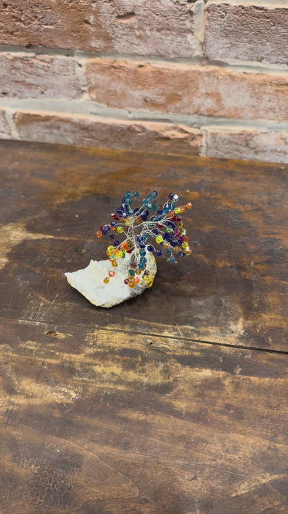 Handcrafted wire and bead tree sculpture on quartz rock home or garden decor
